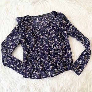 Mango Blue White Floral Long Sleeve Blouse